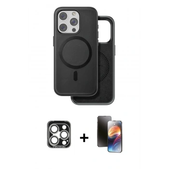 MARSİLYAN™- iPhone 15 Pro Max Kılıf Pusula Işık Koleksiyonu - Siyah 3D Antistatik Mat Seramik Nano Ekran Koruyucu + PVD Metal Kamera Lens - GS