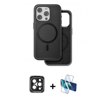 MARSİLYAN™- iPhone 15 Pro Max Kılıf Pusula Işık Koleksiyonu - Siyah 3D Antistatik Seramik Nano Ekran Koruyucu + PVD Metal Kamera Lens - SH