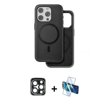 MARSİLYAN™- iPhone 15 Pro Max Kılıf Pusula Işık Koleksiyonu - Siyah 3D Antistatik Seramik Nano Ekran Koruyucu + PVD Metal Kamera Lens - LT