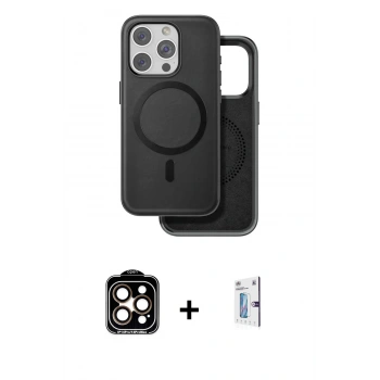 MARSİLYAN™- iPhone 15 Pro Max Kılıf Pusula Işık Koleksiyonu - Siyah Bilvis 0.18mm Plus Cam Ekran Koruyucu + PVD Metal Kamera Lens - TU