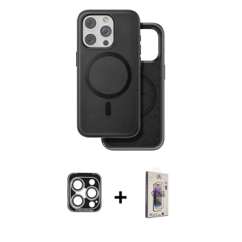MARSİLYAN™- iPhone 15 Pro Max Kılıf Pusula Işık Koleksiyonu - Siyah Bilvis 3D Cam Ekran Koruyucu + PVD Metal Kamera Lens - GS