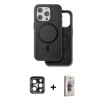 MARSİLYAN™- iPhone 15 Pro Max Kılıf Pusula Işık Koleksiyonu - Siyah Bilvis 3D Cam Ekran Koruyucu + PVD Metal Kamera Lens - LT