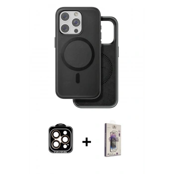 MARSİLYAN™- iPhone 15 Pro Max Kılıf Pusula Işık Koleksiyonu - Siyah Bilvis 3D Cam Ekran Koruyucu + PVD Metal Kamera Lens - TU