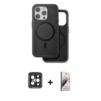 MARSİLYAN™- iPhone 15 Pro Max Kılıf Pusula Işık Koleksiyonu - Siyah Bilvis 3D Mat Cam Ekran Koruyucu + PVD Metal Kamera Lens - SH