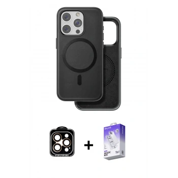 MARSİLYAN™- iPhone 15 Pro Max Kılıf Pusula Işık Koleksiyonu - Siyah Bilvis 5in1 3D Magic Cam Ekran Koruyucu + PVD Metal Kamera Lens - TU