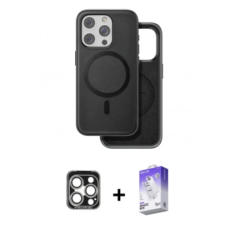MARSİLYAN™- iPhone 15 Pro Max Kılıf Pusula Işık Koleksiyonu - Siyah Bilvis 5in1 3D Magic Cam Ekran Koruyucu + PVD Metal Kamera Lens - GS