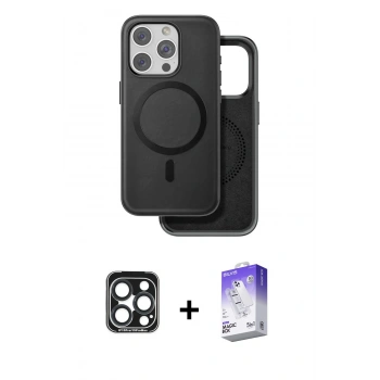 MARSİLYAN™- iPhone 15 Pro Max Kılıf Pusula Işık Koleksiyonu - Siyah Bilvis 5in1 3D Magic Cam Ekran Koruyucu + PVD Metal Kamera Lens - LT