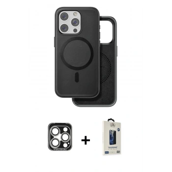 MARSİLYAN™- iPhone 15 Pro Max Kılıf Pusula Işık Koleksiyonu - Siyah Bilvis Hayalet Cam Ekran Koruyucu + PVD Metal Kamera Lens - GS