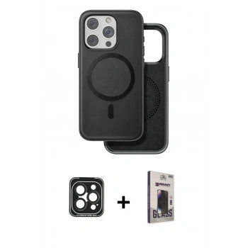MARSİLYAN™- iPhone 15 Pro Max Kılıf Pusula Işık Koleksiyonu - Siyah Bilvis Hayalet Cam Ekran Koruyucu + PVD Metal Kamera Lens - SH