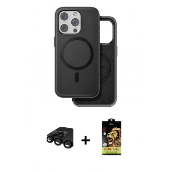 MARSİLYAN™- iPhone 15 Pro Max Kılıf Pusula Işık Koleksiyonu - Siyah Buffer Cam Ekran Koruyucu + Raze Metal Kamera Lens - SH