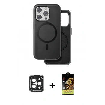 MARSİLYAN™- iPhone 15 Pro Max Kılıf Pusula Işık Koleksiyonu - Siyah Buffer Cam Ekran Koruyucu + PVD Metal Kamera Lens - SH