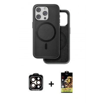 MARSİLYAN™- iPhone 15 Pro Max Kılıf Pusula Işık Koleksiyonu - Siyah Buffer Cam Ekran Koruyucu + PVD Metal Kamera Lens - TU