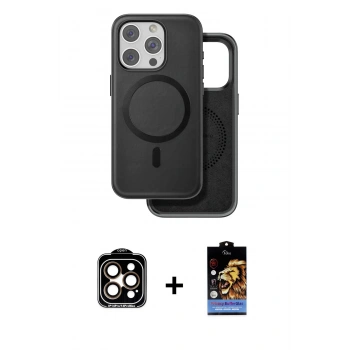 MARSİLYAN™- iPhone 15 Pro Max Kılıf Pusula Işık Koleksiyonu - Siyah Buffer Hayalet Cam Ekran Koruyucu + PVD Metal Kamera Lens - TU