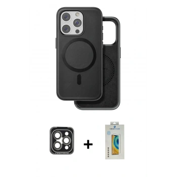 MARSİLYAN™- iPhone 15 Pro Max Kılıf Pusula Işık Koleksiyonu - Siyah Polymer Nano Ekran Koruyucu + PVD Metal Kamera Lens - GI