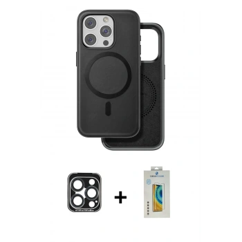 MARSİLYAN™- iPhone 15 Pro Max Kılıf Pusula Işık Koleksiyonu - Siyah Polymer Nano Ekran Koruyucu + PVD Metal Kamera Lens - LT