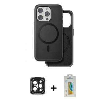 MARSİLYAN™- iPhone 15 Pro Max Kılıf Pusula Işık Koleksiyonu - Siyah Polymer Nano Ekran Koruyucu + PVD Metal Kamera Lens - SH