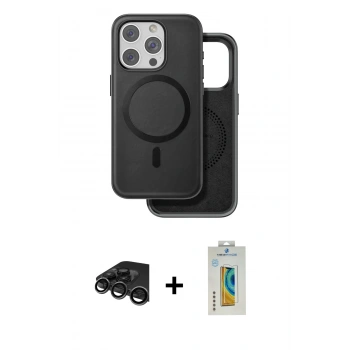 MARSİLYAN™- iPhone 15 Pro Max Kılıf Pusula Işık Koleksiyonu - Siyah Polymer Nano Ekran Koruyucu + Raze Metal Kamera Lens - TMGI