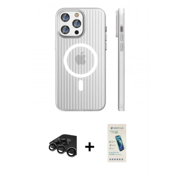 MARSİLYAN™- iPhone 15 Pro Max Kılıf Pusula Minimal Koleksiyonu - Şeffaf Pasifik Cam Ekran Koruyucu + Raze Metal Kamera Lens - TMGI