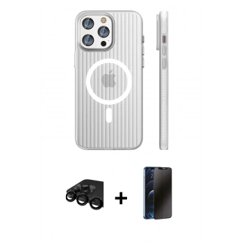 MARSİLYAN™- iPhone 15 Pro Max Kılıf Pusula Minimal Koleksiyonu - Siyah 3D Antistatik Hayalet Cam Ekran Koruyucu + Raze Metal Kamera Lens - SH