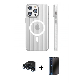 MARSİLYAN™- iPhone 15 Pro Max Kılıf Pusula Minimal Koleksiyonu - Siyah 3D Antistatik Hayalet Cam Ekran Koruyucu + Raze Metal Kamera Lens - LT