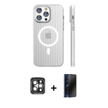 MARSİLYAN™- iPhone 15 Pro Max Kılıf Pusula Minimal Koleksiyonu - Siyah 3D Antistatik Hayalet Cam Ekran Koruyucu + PVD Metal Kamera Lens - GI