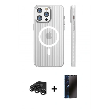 MARSİLYAN™- iPhone 15 Pro Max Kılıf Pusula Minimal Koleksiyonu - Siyah 3D Antistatik Hayalet Cam Ekran Koruyucu + Raze Metal Kamera Lens - TMGI