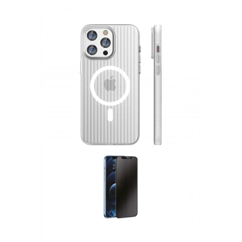 MARSİLYAN™- iPhone 15 Pro Max Kılıf Pusula Minimal Koleksiyonu - Siyah 3D Antistatik Hayalet Cam Ekran Koruyucu