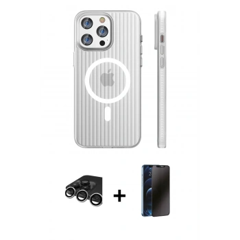 MARSİLYAN™- iPhone 15 Pro Max Kılıf Pusula Minimal Koleksiyonu - Siyah 3D Antistatik Hayalet Cam Ekran Koruyucu + Raze Metal Kamera Lens - GS