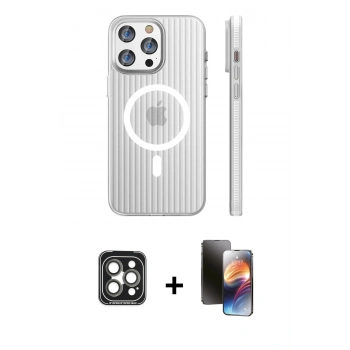 MARSİLYAN™- iPhone 15 Pro Max Kılıf Pusula Minimal Koleksiyonu - Siyah 3D Antistatik Mat Seramik Nano Ekran Koruyucu + PVD Metal Kamera Lens - GI