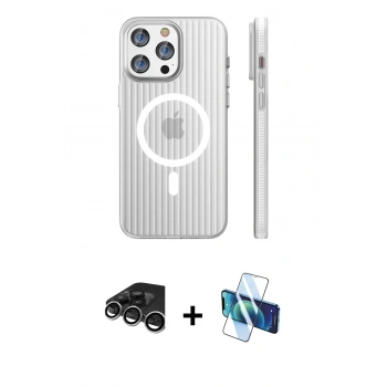 MARSİLYAN™- iPhone 15 Pro Max Kılıf Pusula Minimal Koleksiyonu - Siyah 3D Antistatik Seramik Nano Ekran Koruyucu + Raze Metal Kamera Lens - GS