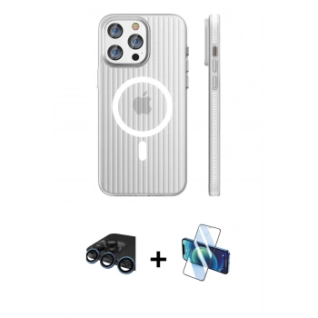 MARSİLYAN™- iPhone 15 Pro Max Kılıf Pusula Minimal Koleksiyonu - Siyah 3D Antistatik Seramik Nano Ekran Koruyucu + Raze Metal Kamera Lens - LT