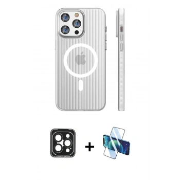 MARSİLYAN™- iPhone 15 Pro Max Kılıf Pusula Minimal Koleksiyonu - Siyah 3D Antistatik Seramik Nano Ekran Koruyucu + PVD Metal Kamera Lens - SH