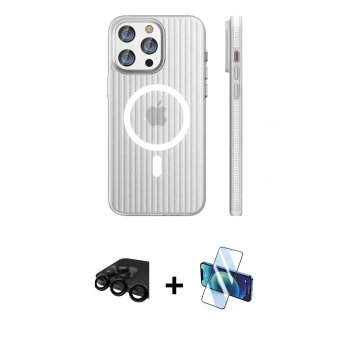 MARSİLYAN™- iPhone 15 Pro Max Kılıf Pusula Minimal Koleksiyonu - Siyah 3D Antistatik Seramik Nano Ekran Koruyucu + Raze Metal Kamera Lens - SH