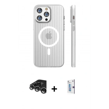 MARSİLYAN™- iPhone 15 Pro Max Kılıf Pusula Minimal Koleksiyonu - Siyah Bilvis 0.18mm Plus Cam Ekran Koruyucu + Raze Metal Kamera Lens - GS