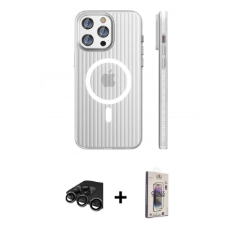 MARSİLYAN™- iPhone 15 Pro Max Kılıf Pusula Minimal Koleksiyonu - Siyah Bilvis 3D Cam Ekran Koruyucu + Raze Metal Kamera Lens - TMGI