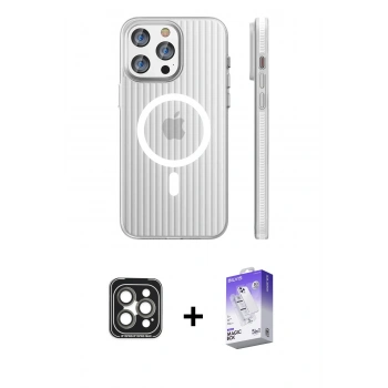 MARSİLYAN™- iPhone 15 Pro Max Kılıf Pusula Minimal Koleksiyonu - Siyah Bilvis 5in1 3D Magic Cam Ekran Koruyucu + PVD Metal Kamera Lens - GI