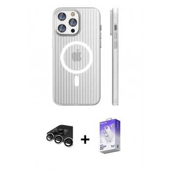 MARSİLYAN™- iPhone 15 Pro Max Kılıf Pusula Minimal Koleksiyonu - Siyah Bilvis 5in1 3D Magic Cam Ekran Koruyucu + Raze Metal Kamera Lens - GS