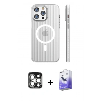 MARSİLYAN™- iPhone 15 Pro Max Kılıf Pusula Minimal Koleksiyonu - Siyah Bilvis 5in1 5D Magic Hayalet Cam Ekran Koruyucu + PVD Metal Kamera Lens - GS