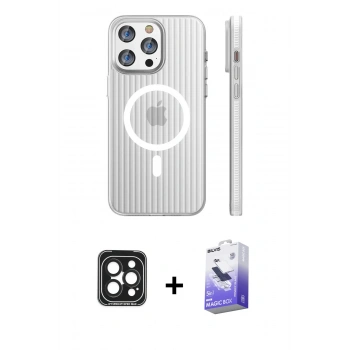 MARSİLYAN™- iPhone 15 Pro Max Kılıf Pusula Minimal Koleksiyonu - Siyah Bilvis 5in1 5D Magic Hayalet Cam Ekran Koruyucu + PVD Metal Kamera Lens - SH