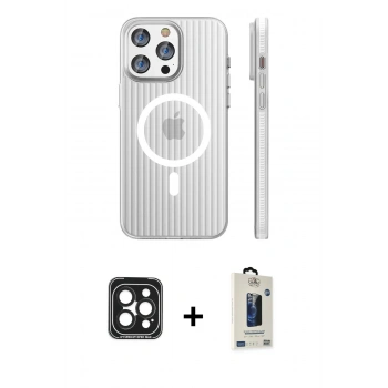 MARSİLYAN™- iPhone 15 Pro Max Kılıf Pusula Minimal Koleksiyonu - Siyah Bilvis Hayalet Cam Ekran Koruyucu + PVD Metal Kamera Lens - SH