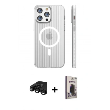 MARSİLYAN™- iPhone 15 Pro Max Kılıf Pusula Minimal Koleksiyonu - Siyah Bilvis Hayalet Cam Ekran Koruyucu + Raze Metal Kamera Lens - SH