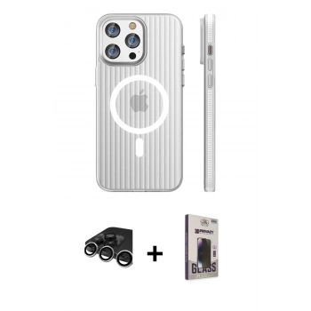 MARSİLYAN™- iPhone 15 Pro Max Kılıf Pusula Minimal Koleksiyonu - Siyah Bilvis Hayalet Cam Ekran Koruyucu + Raze Metal Kamera Lens - GS