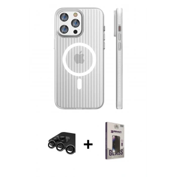 MARSİLYAN™- iPhone 15 Pro Max Kılıf Pusula Minimal Koleksiyonu - Siyah Bilvis Hayalet Cam Ekran Koruyucu + Raze Metal Kamera Lens - TMGI