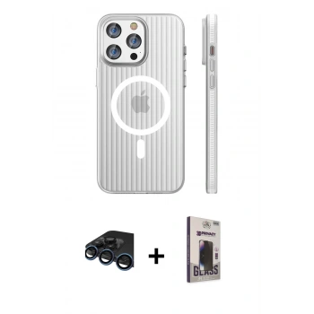 MARSİLYAN™- iPhone 15 Pro Max Kılıf Pusula Minimal Koleksiyonu - Siyah Bilvis Hayalet Cam Ekran Koruyucu + Raze Metal Kamera Lens - LT