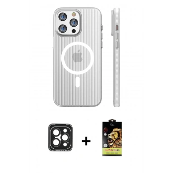 MARSİLYAN™- iPhone 15 Pro Max Kılıf Pusula Minimal Koleksiyonu - Siyah Buffer Cam Ekran Koruyucu + PVD Metal Kamera Lens - SH
