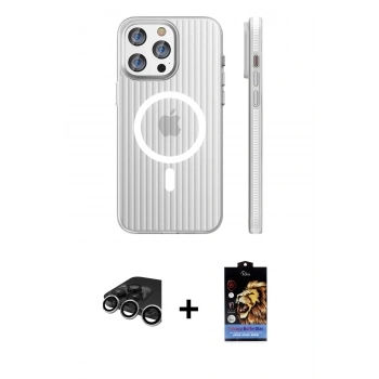 MARSİLYAN™- iPhone 15 Pro Max Kılıf Pusula Minimal Koleksiyonu - Siyah Buffer Hayalet Cam Ekran Koruyucu + Raze Metal Kamera Lens - GS