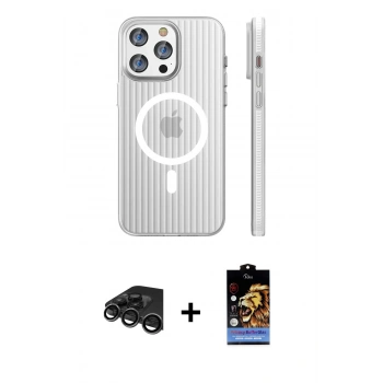 MARSİLYAN™- iPhone 15 Pro Max Kılıf Pusula Minimal Koleksiyonu - Siyah Buffer Hayalet Cam Ekran Koruyucu + Raze Metal Kamera Lens - TMGI