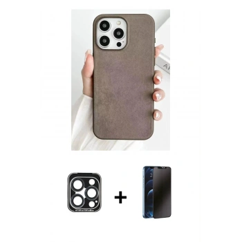 MARSİLYAN™- iPhone 15 Pro Max Kılıf Pusula Modern - Siyah 3D Antistatik Hayalet Cam Ekran Koruyucu + PVD Metal Kamera Lens - LT