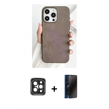MARSİLYAN™- iPhone 15 Pro Max Kılıf Pusula Modern - Siyah 3D Antistatik Hayalet Cam Ekran Koruyucu + PVD Metal Kamera Lens - SH
