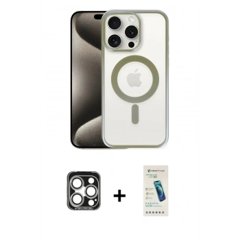 MARSİLYAN™- iPhone 15 Pro Max Kılıf Siluet Çizgi Serisi - Şeffaf Pasifik Cam Ekran Koruyucu + PVD Metal Kamera Lens - GS